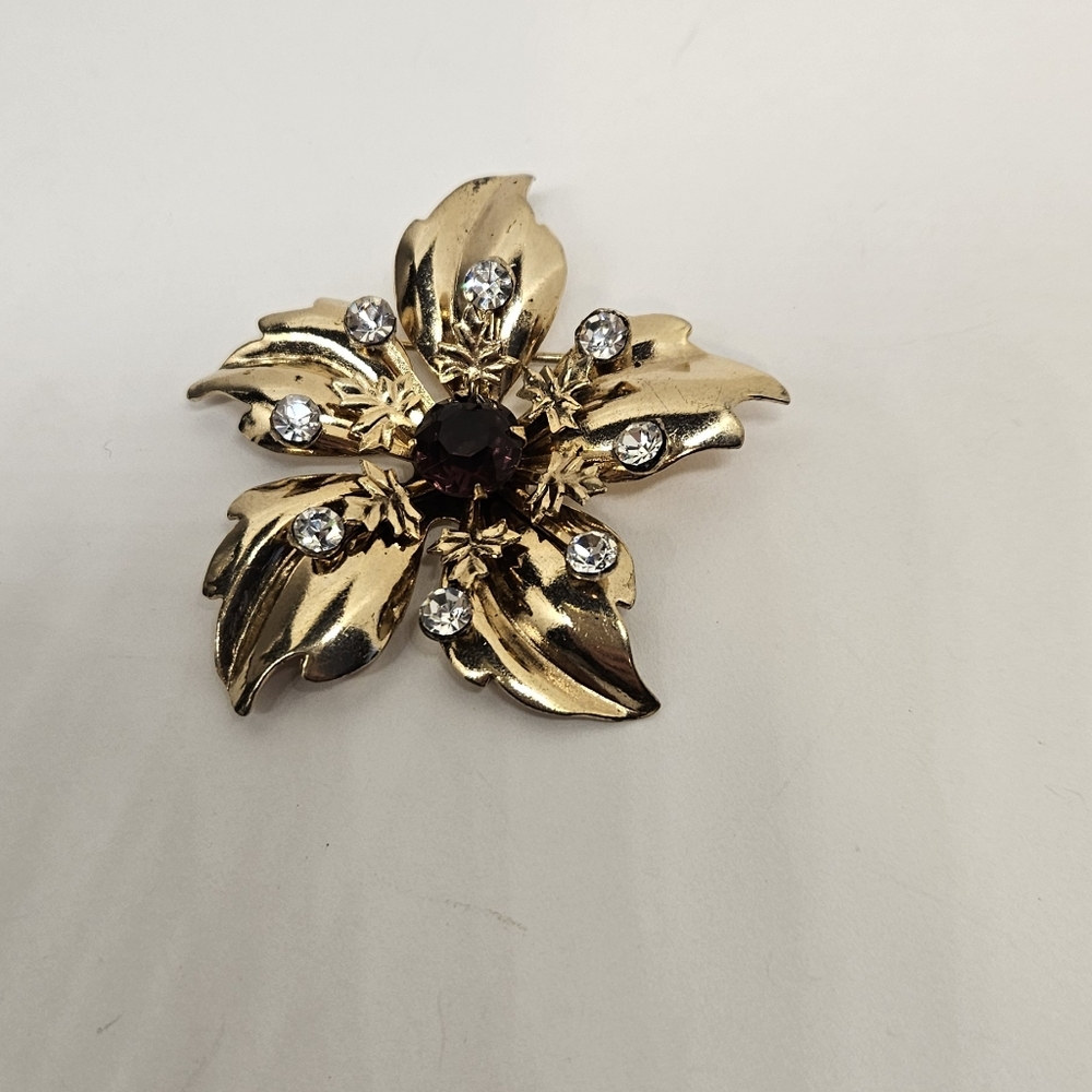 Flower Brooch Pin Clear & Brown Topaz Rhinestones Crystals Gold Tone Vintage